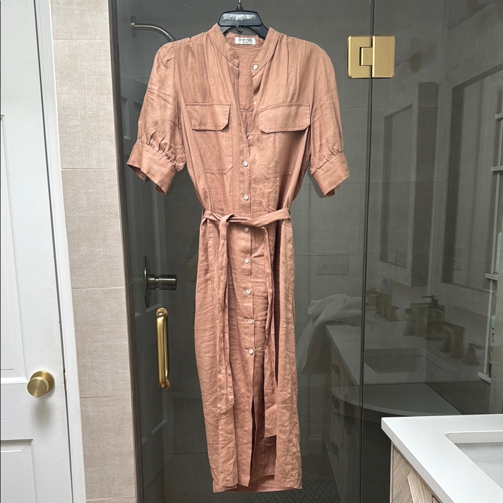 Elegant Tan Button-Up Dress w/ Pockets XS Linen Like New